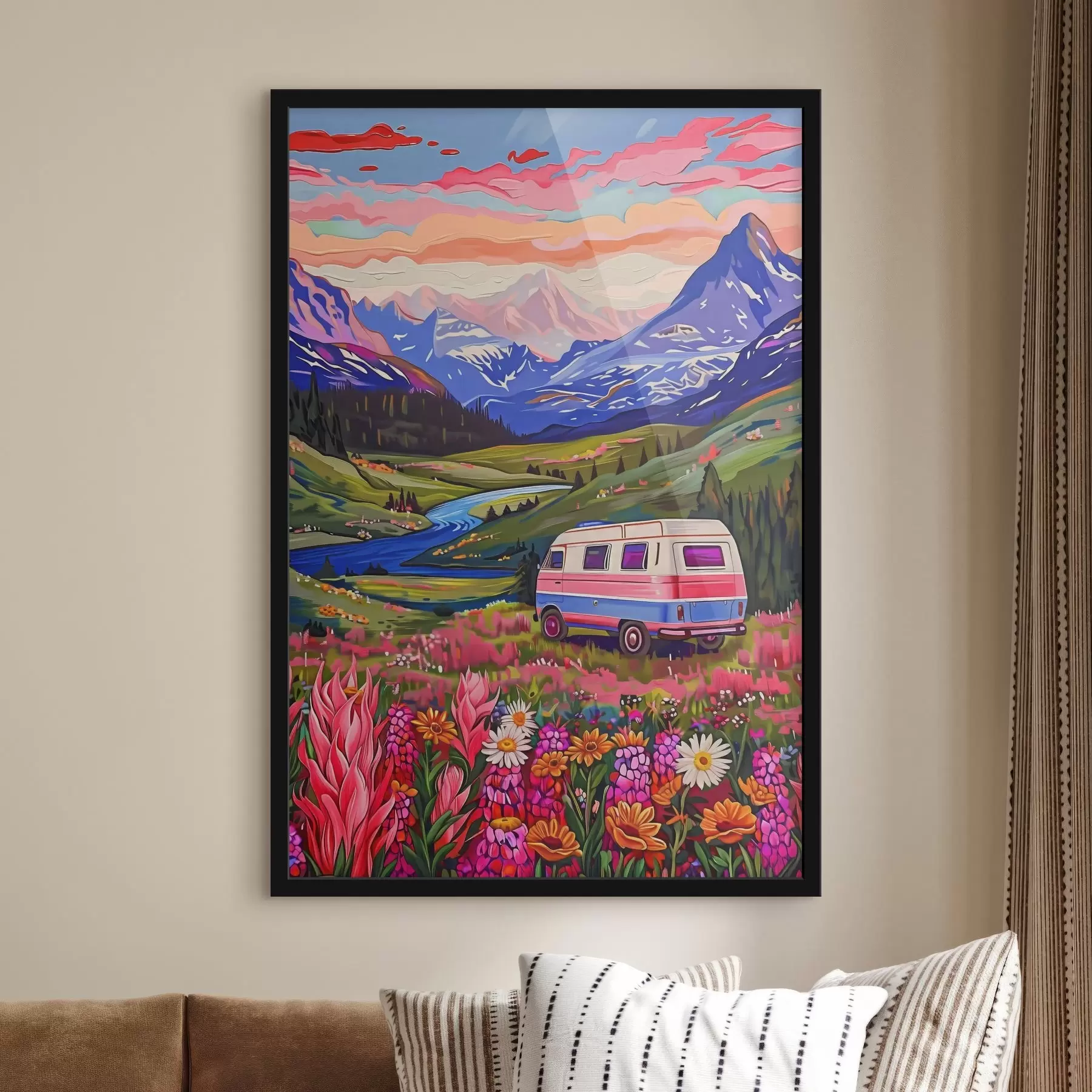 Papier peint Une camionnette traversant une vallée avec des fleurs et des montagnes f38259