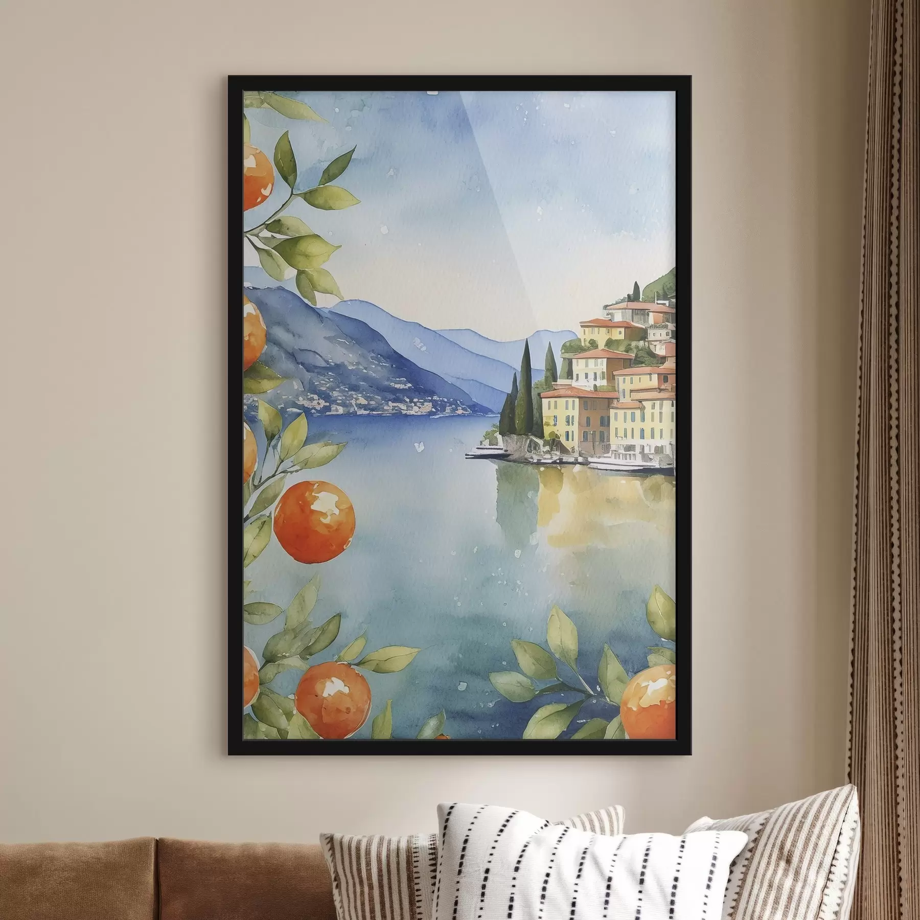 Papier peint Une aquarelle représentant une ville au bord d'un réservoir f38402