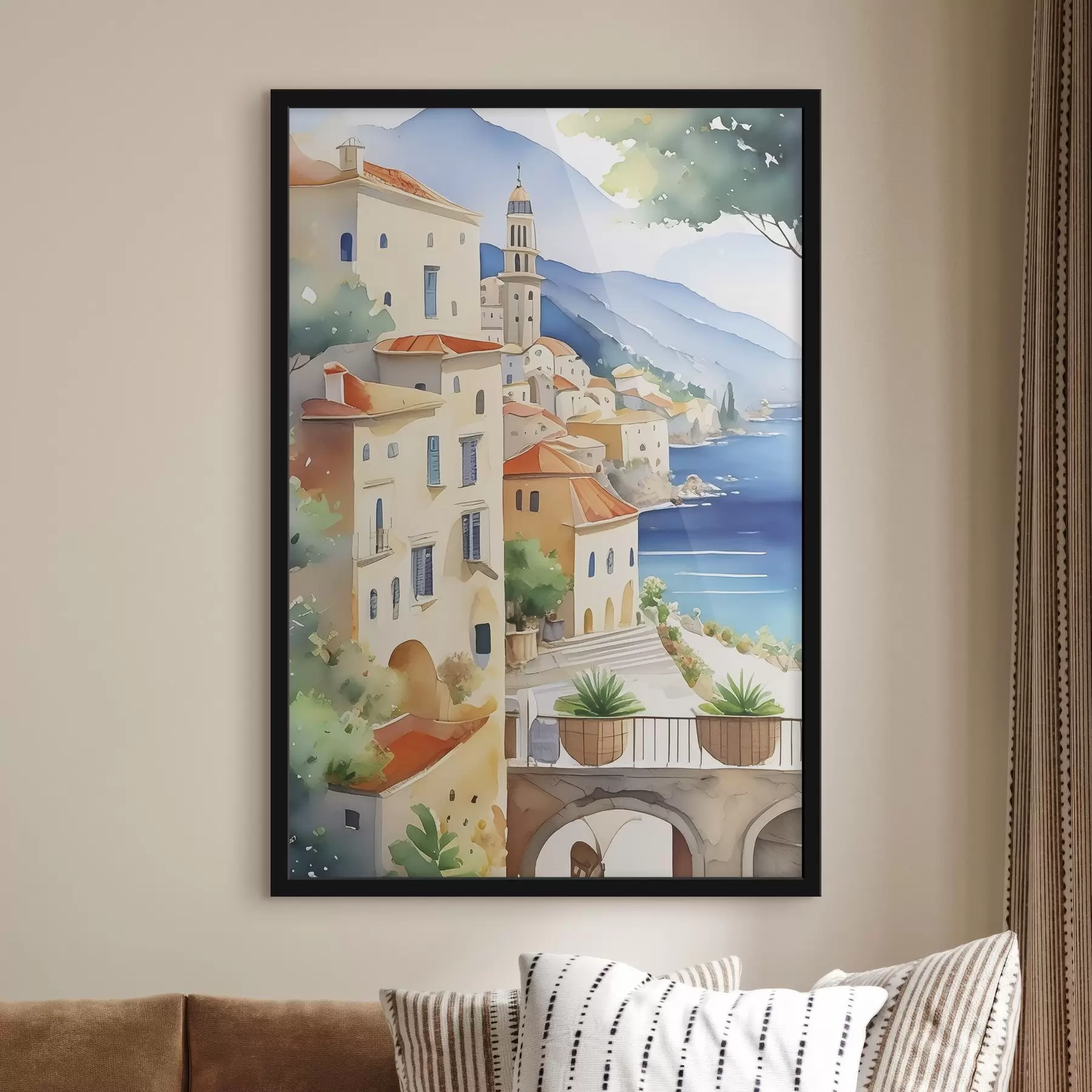 Papier peint Une aquarelle représentant une ville sur une colline au-dessus de la mer f38409