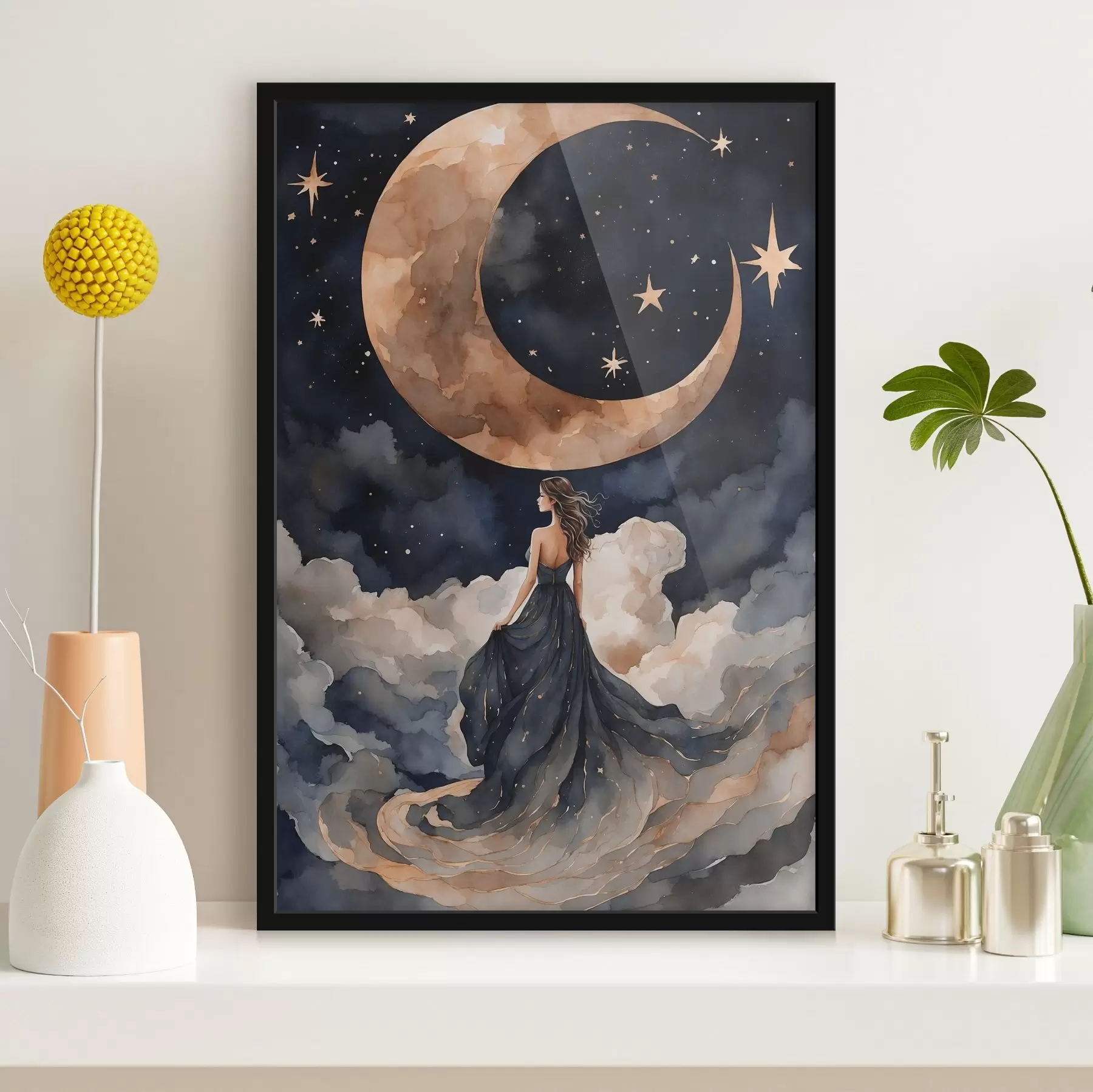 Papier peint Femme en robe bleue et lune dans le ciel f38428