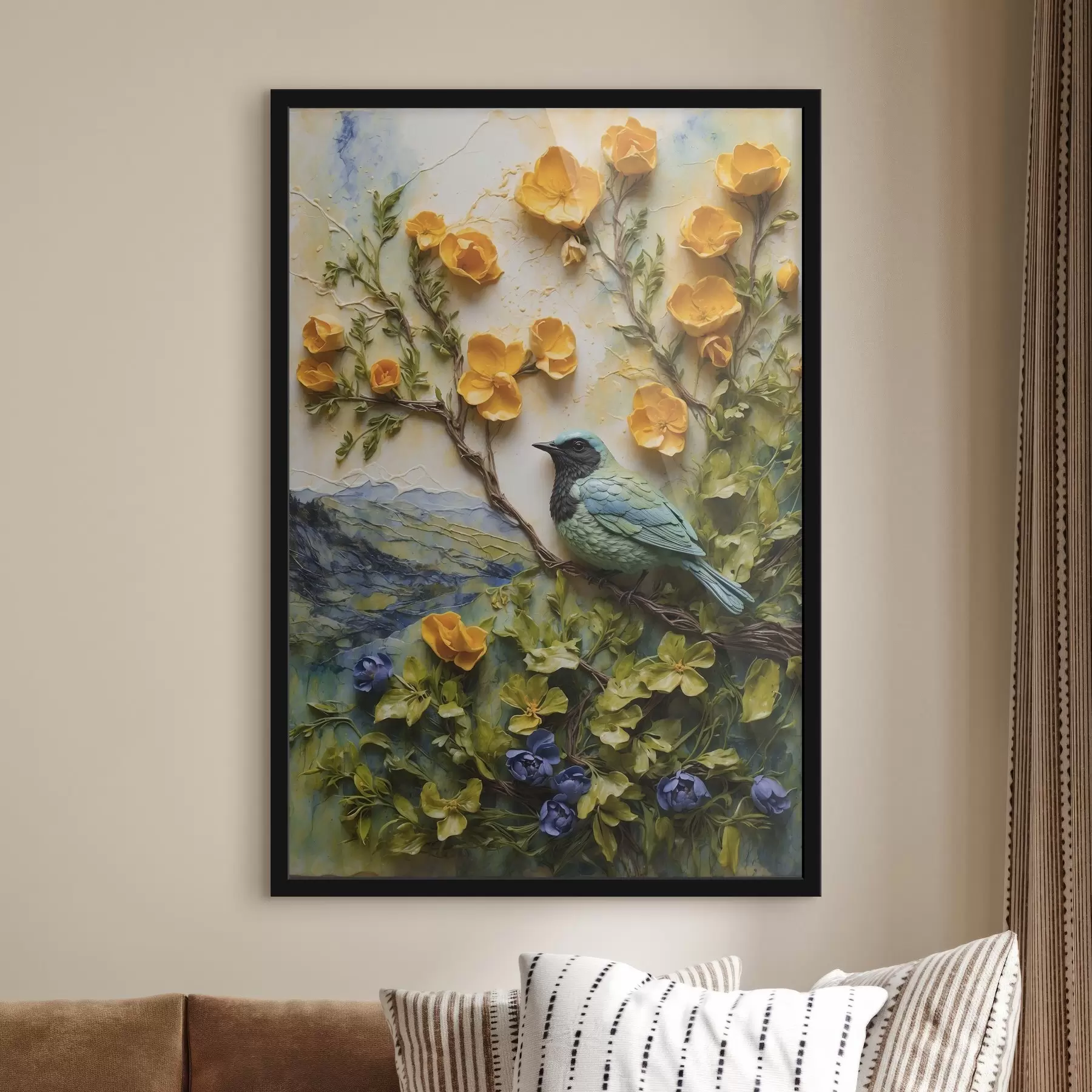 Papier peint Un oiseau sur une branche d'arbre entouré de fleurs f38431