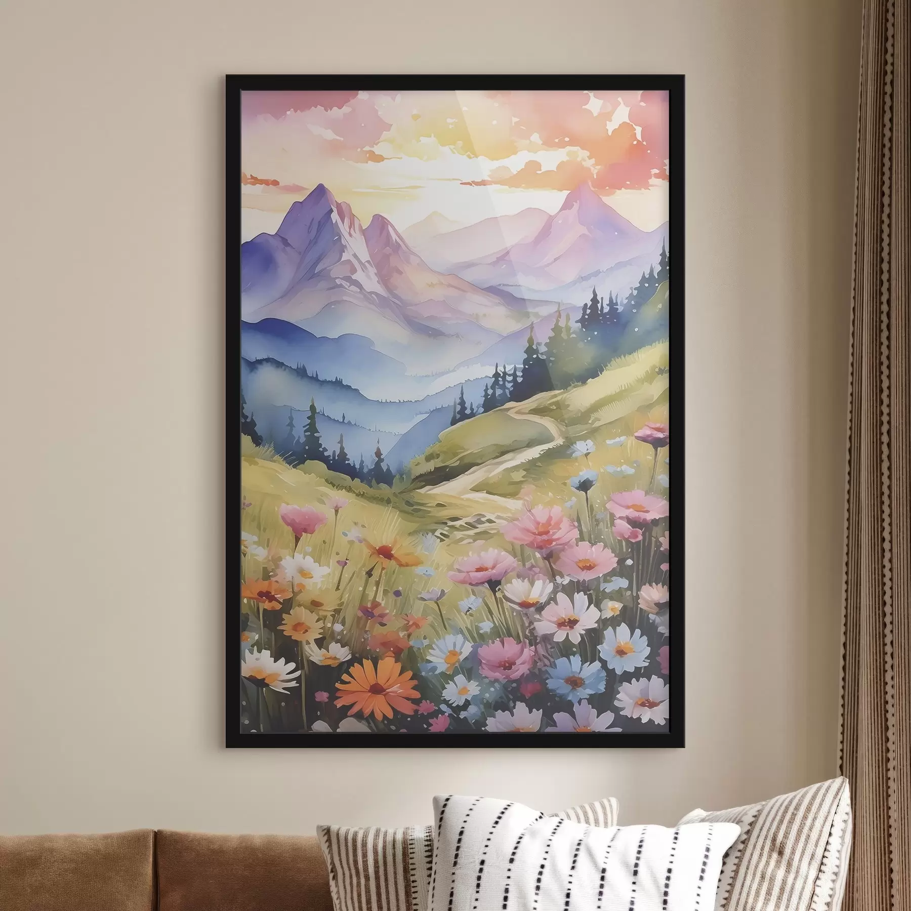 Papier peint Paysage de montagne serein avec des fleurs épanouies f38839
