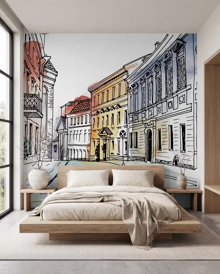 Papier peint Vieille ville, feutre et aquarelle u51062