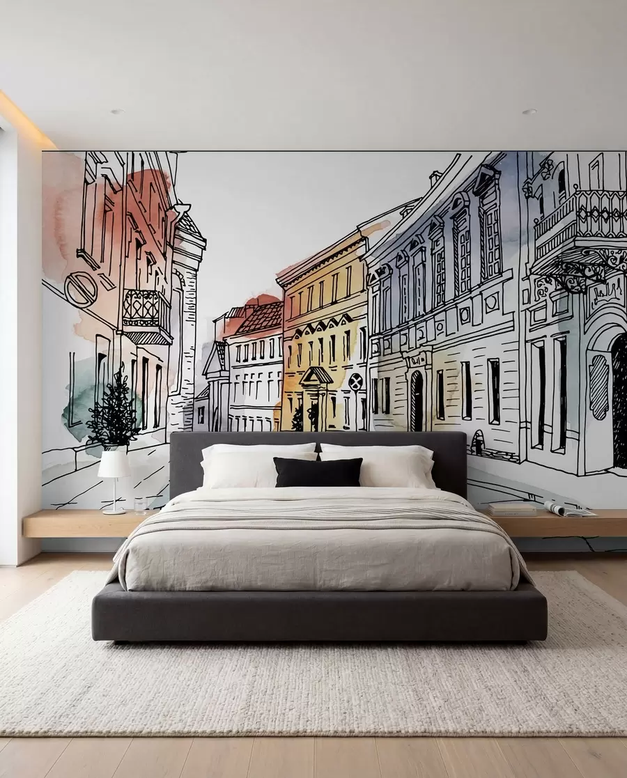 Papier peint Vieille ville, feutre et aquarelle u51062