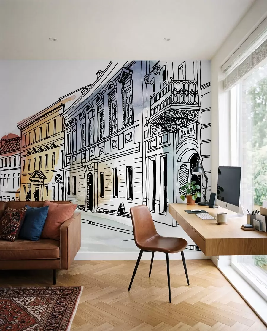 Papier peint Vieille ville, feutre et aquarelle u51062