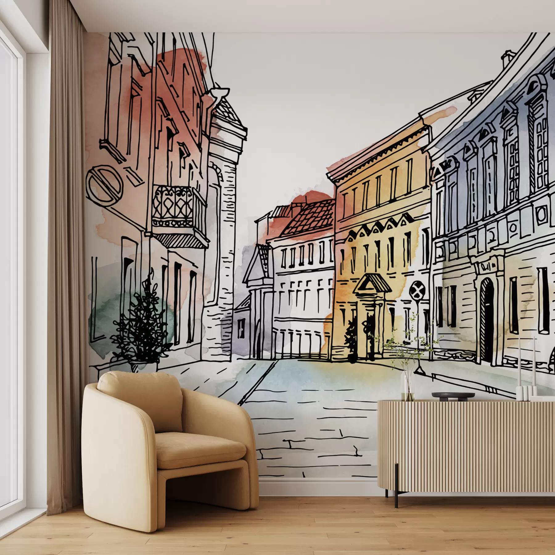 Papier peint Vieille ville, feutre et aquarelle u51062