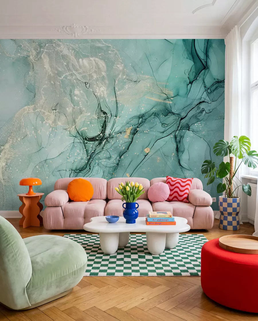 Papier peint Marbre turquoise avec une fine brume u51399