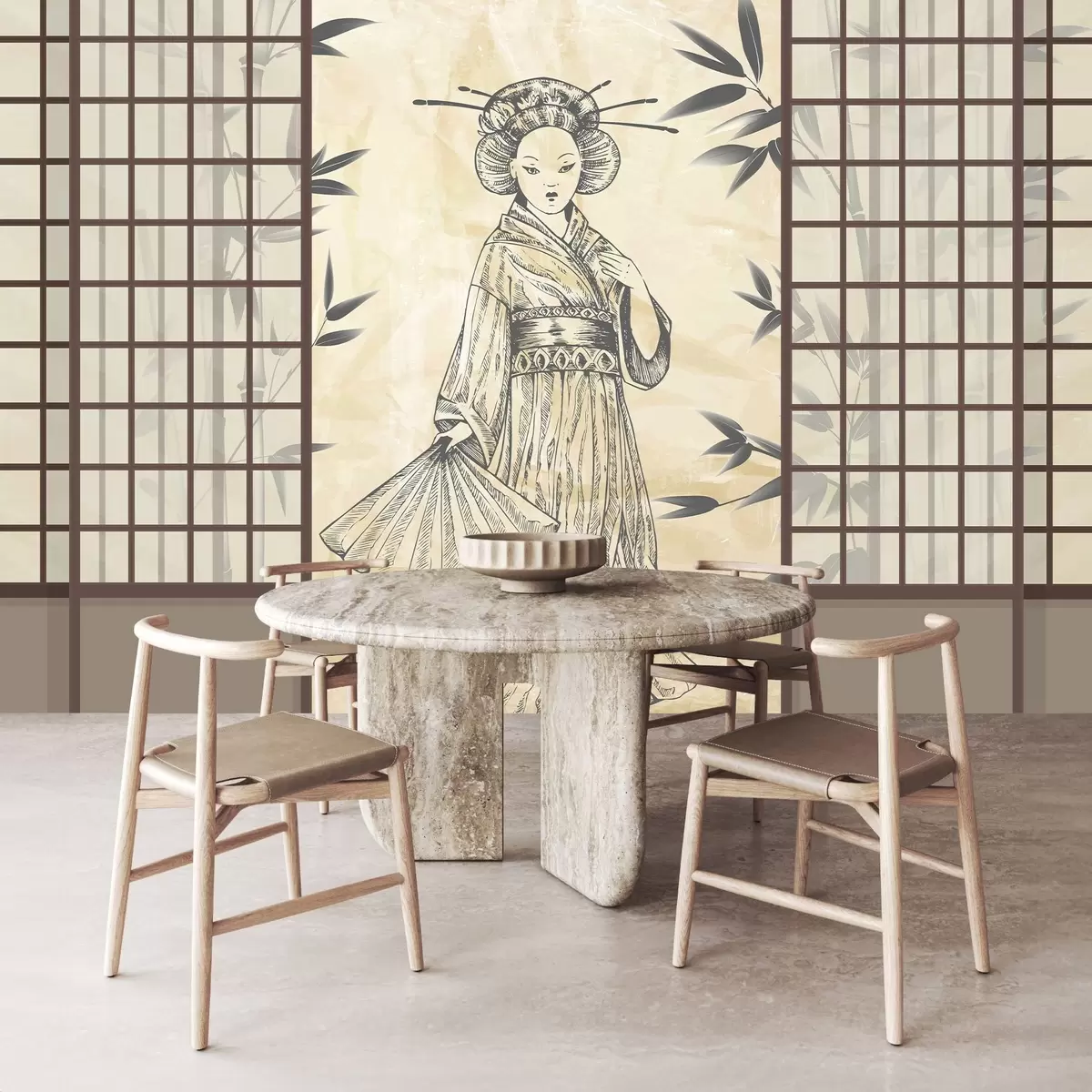Papier peint Maison ancienne de style asiatique, fille en vêtements traditionnels, fleurs de cerisier, fleurs de cerisier, Shoji w02535