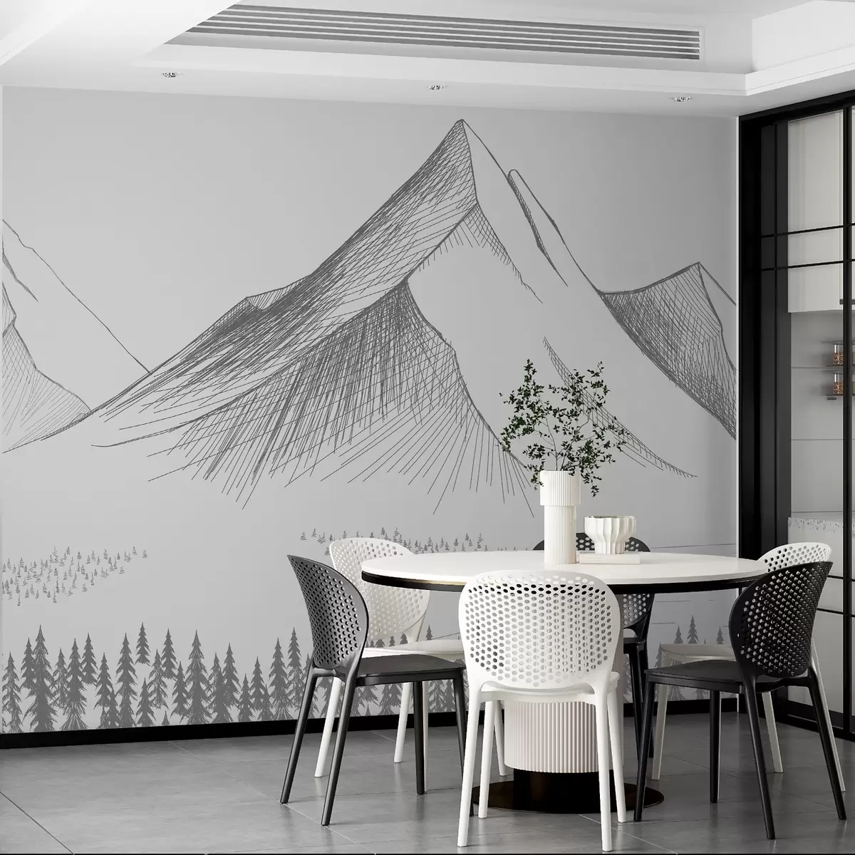 Papier peint Montagnes et forêts, dessinées au crayon w02536
