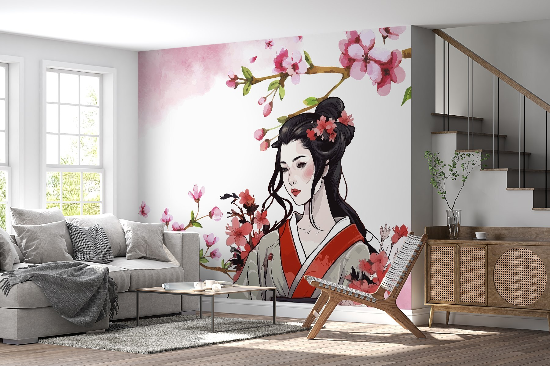 Tenture Murale Japonaise Geisha Et Fleurs De Cerisier - 130x150 Cm - Microfibre Douce - Décoration Chambre, Salon - Style Esthétique Japonais