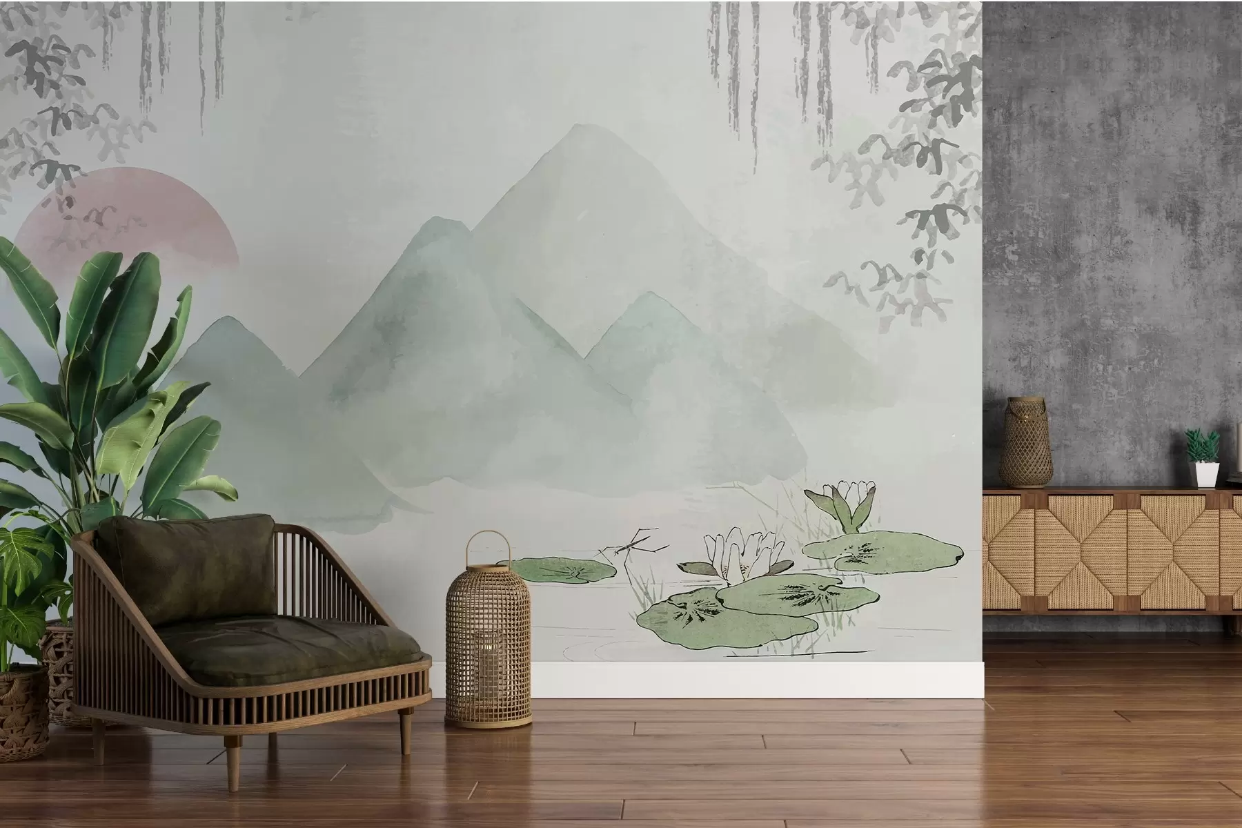Papier peint Lever de soleil, montagnes et nénuphars w02539