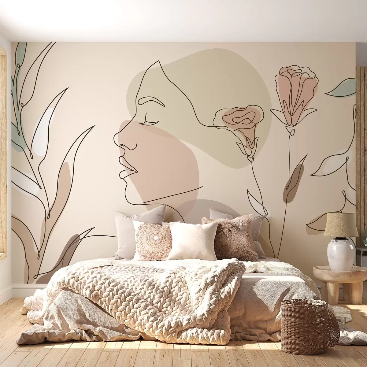 Papier peint Fille avec des lignes et des fleurs colorées w02543
