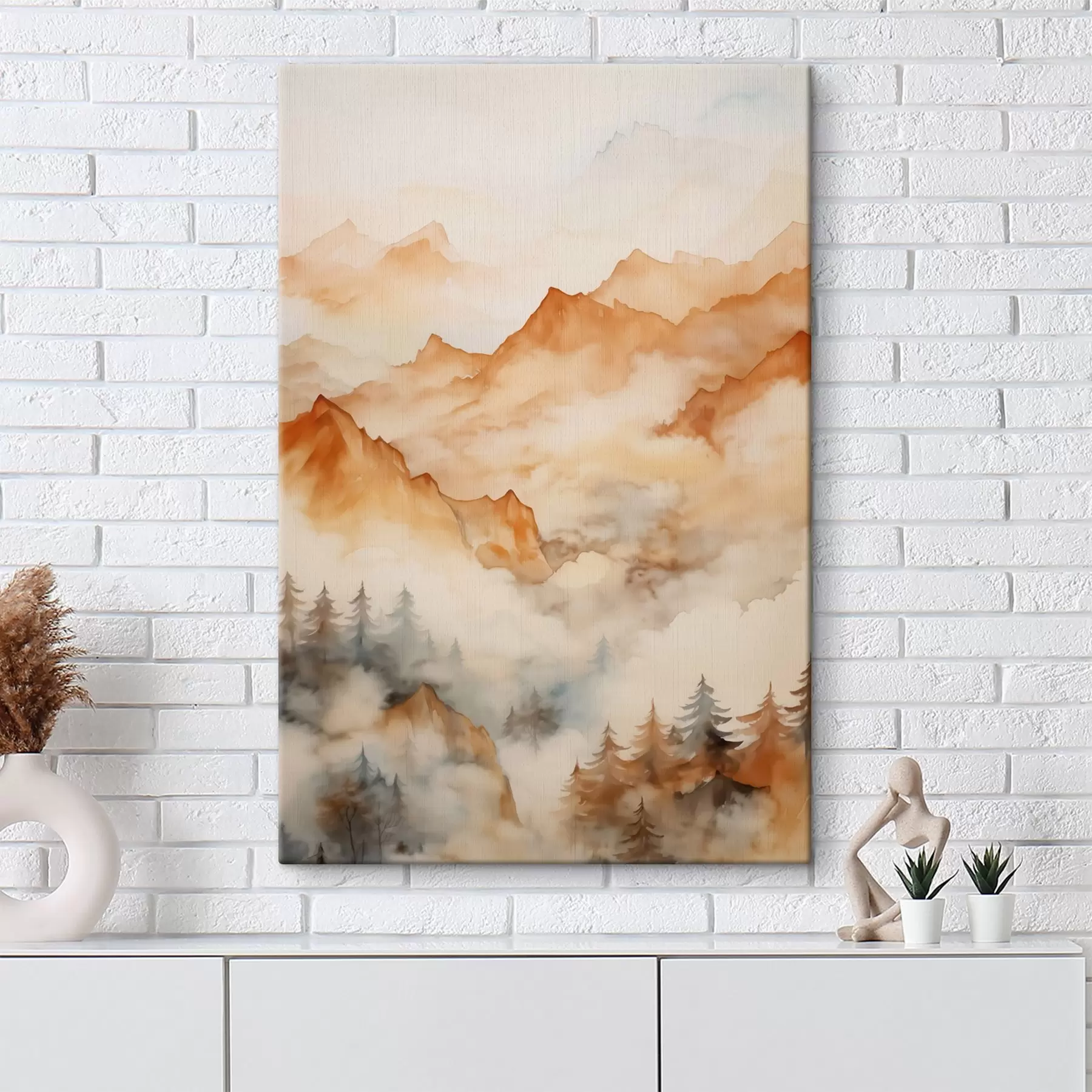 Tableau Forêt et montagnes imitation aquarelle, tons orangés s42119