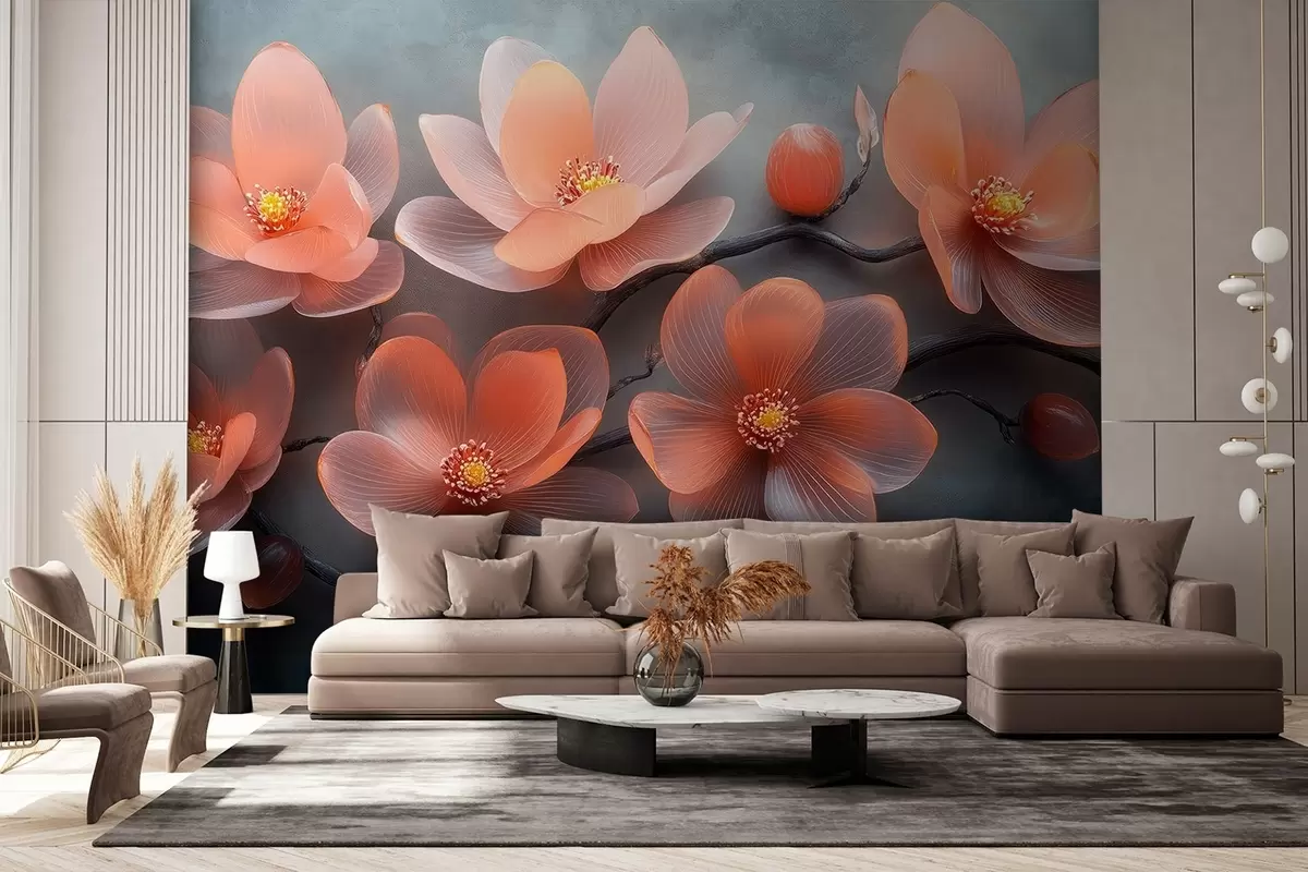 Papier peint Bouquet de fleurs de magnolia en verre translucide sur fond de béton gris w08497
