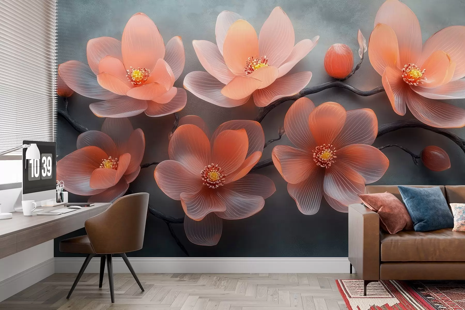 Papier peint Bouquet de fleurs de magnolia en verre translucide sur fond de béton gris w08497