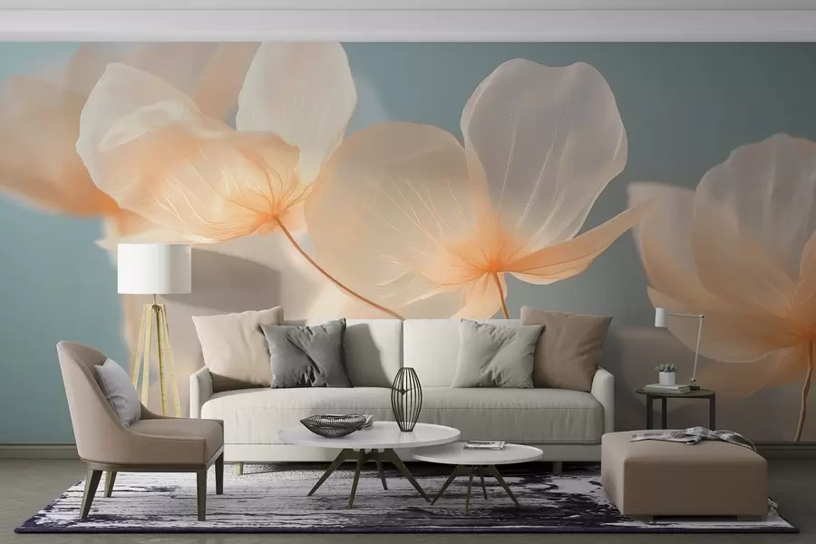 Papier peint Pétales de lotus, une composition délicate sur fond bleu w08500
