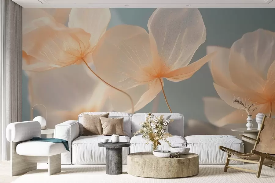 Papier peint Pétales de lotus, une composition délicate sur fond bleu w08500