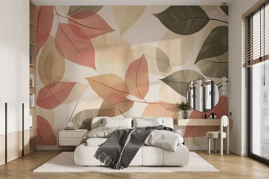Papier peint Branches de feuilles dans les tons rouge et vert w08502