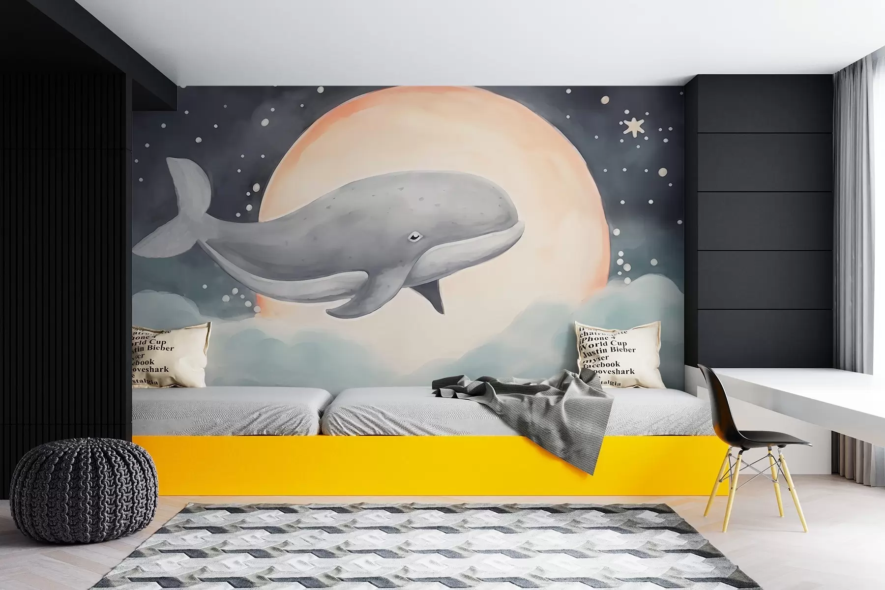 Papier peint Baleine sur fond de lune w02527