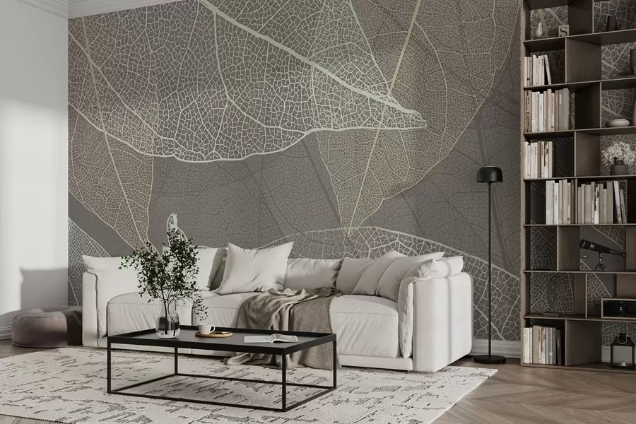 Papier peint gros plan de feuilles avec des veines dans des tons gris chauds w02520v2