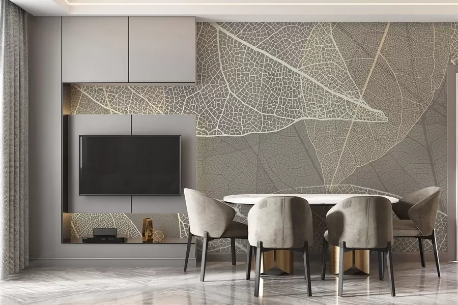 Papier peint gros plan de feuilles avec des veines dans des tons gris chauds w02520v2