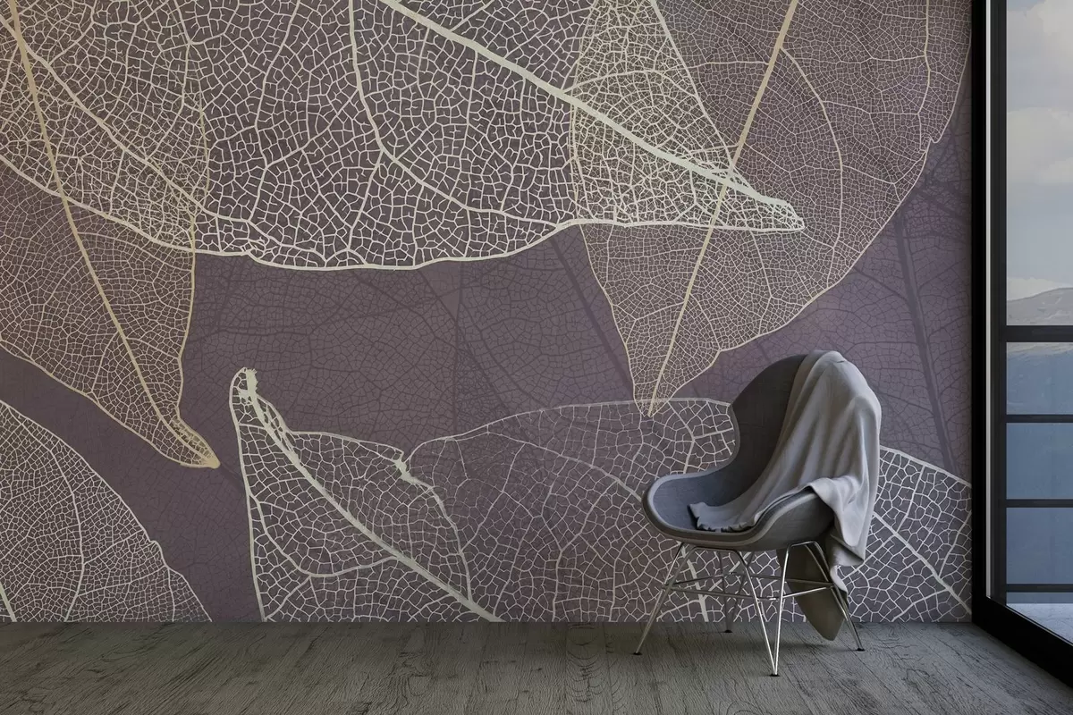 Papier peint gros plan de feuilles dont les nervures sont dans les tons gris-violet w02520v3