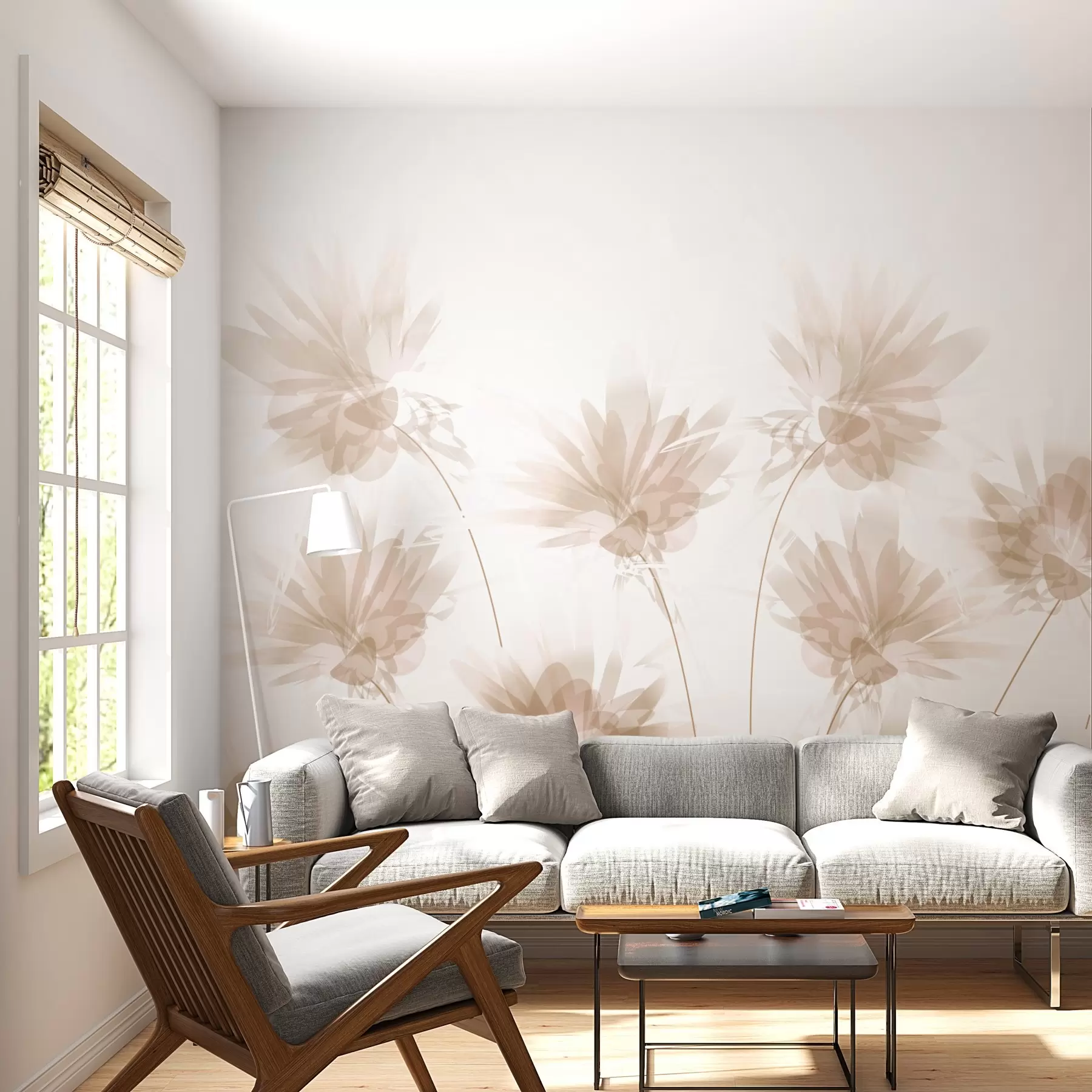 Papier peint fleurs beiges sur fond clair w02561v1