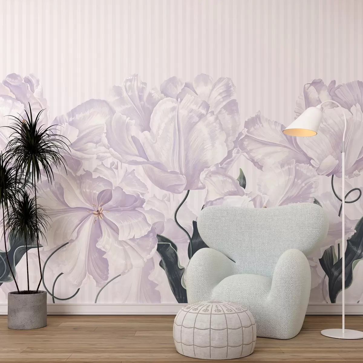 Papier peint fleurs roses délicates sur fond rayé w02565