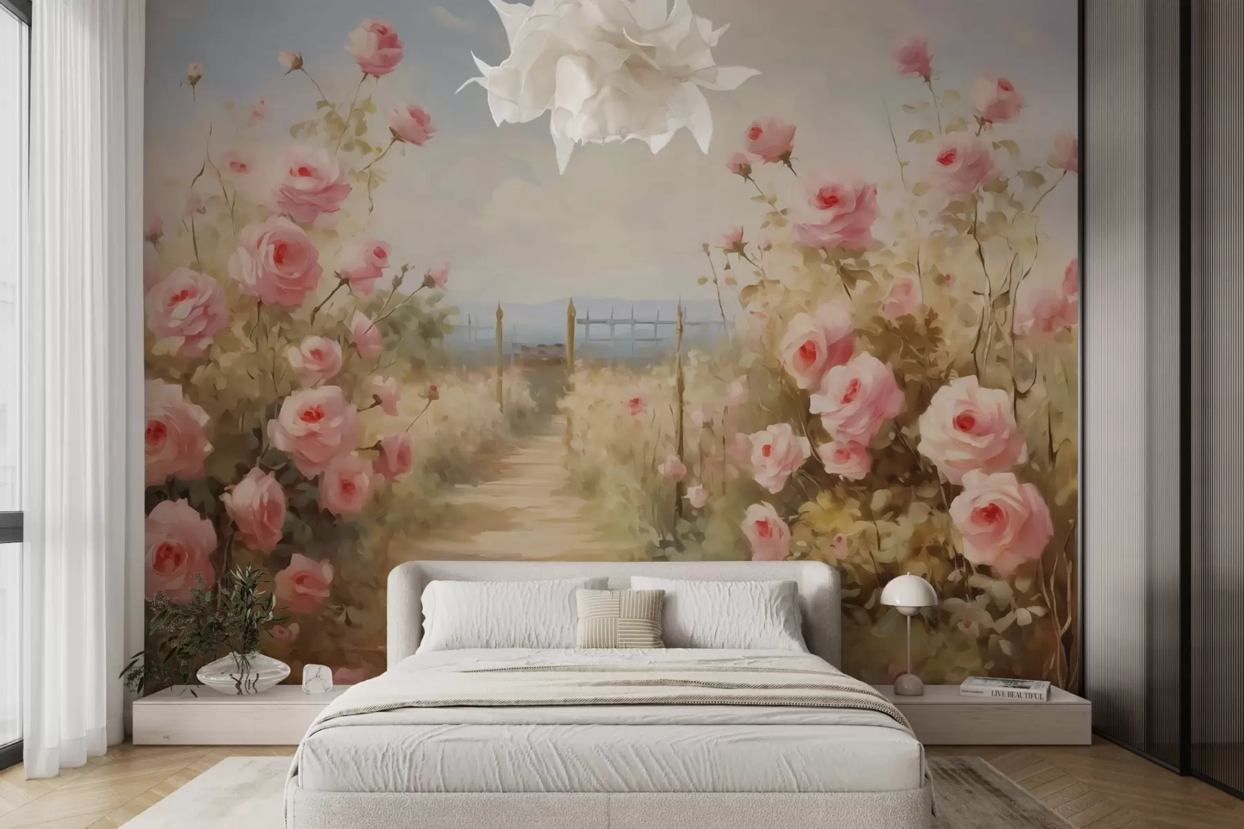 Papier peint Jardin avec des roses, imitation de coups de pinceau w02590