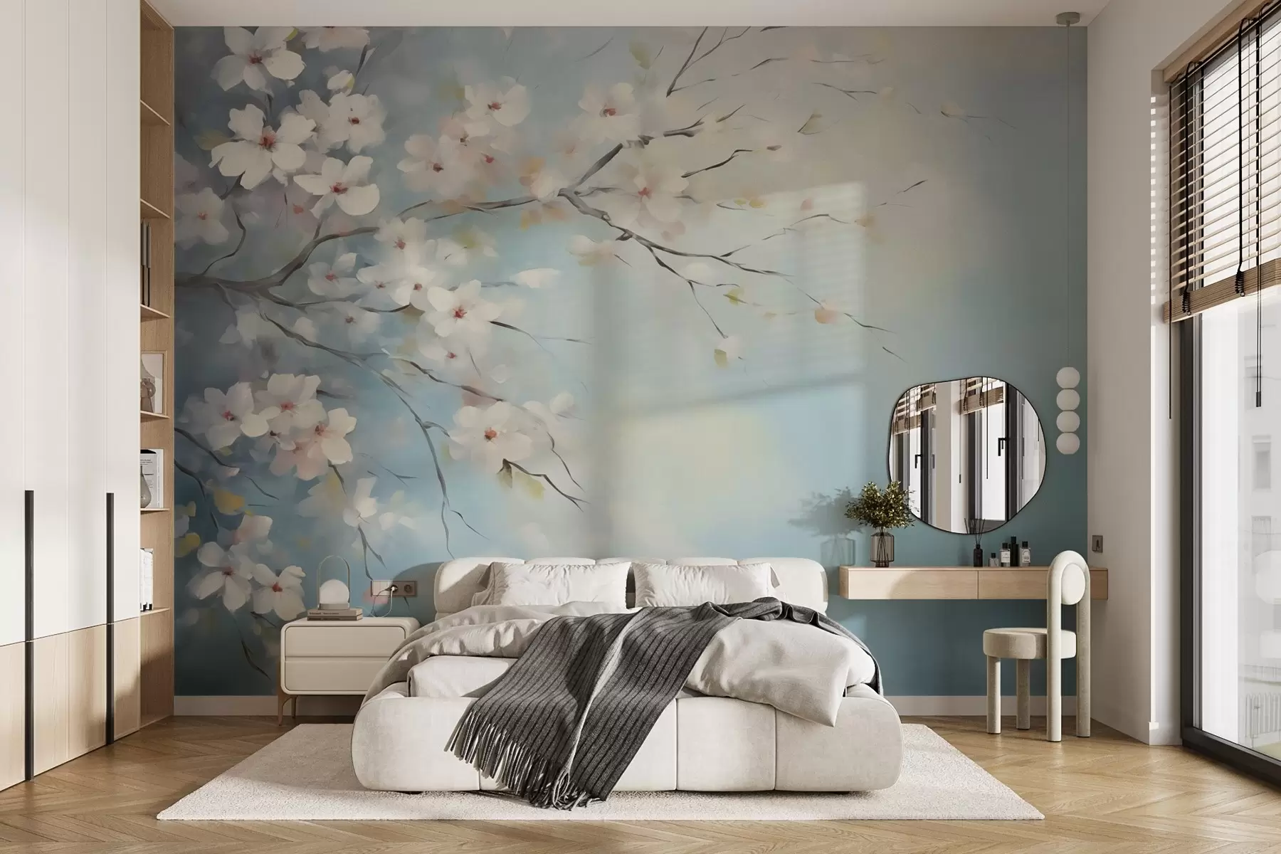 Papier peint Branche avec fleurs, imitation de peinture, tons blanc et bleu w02593