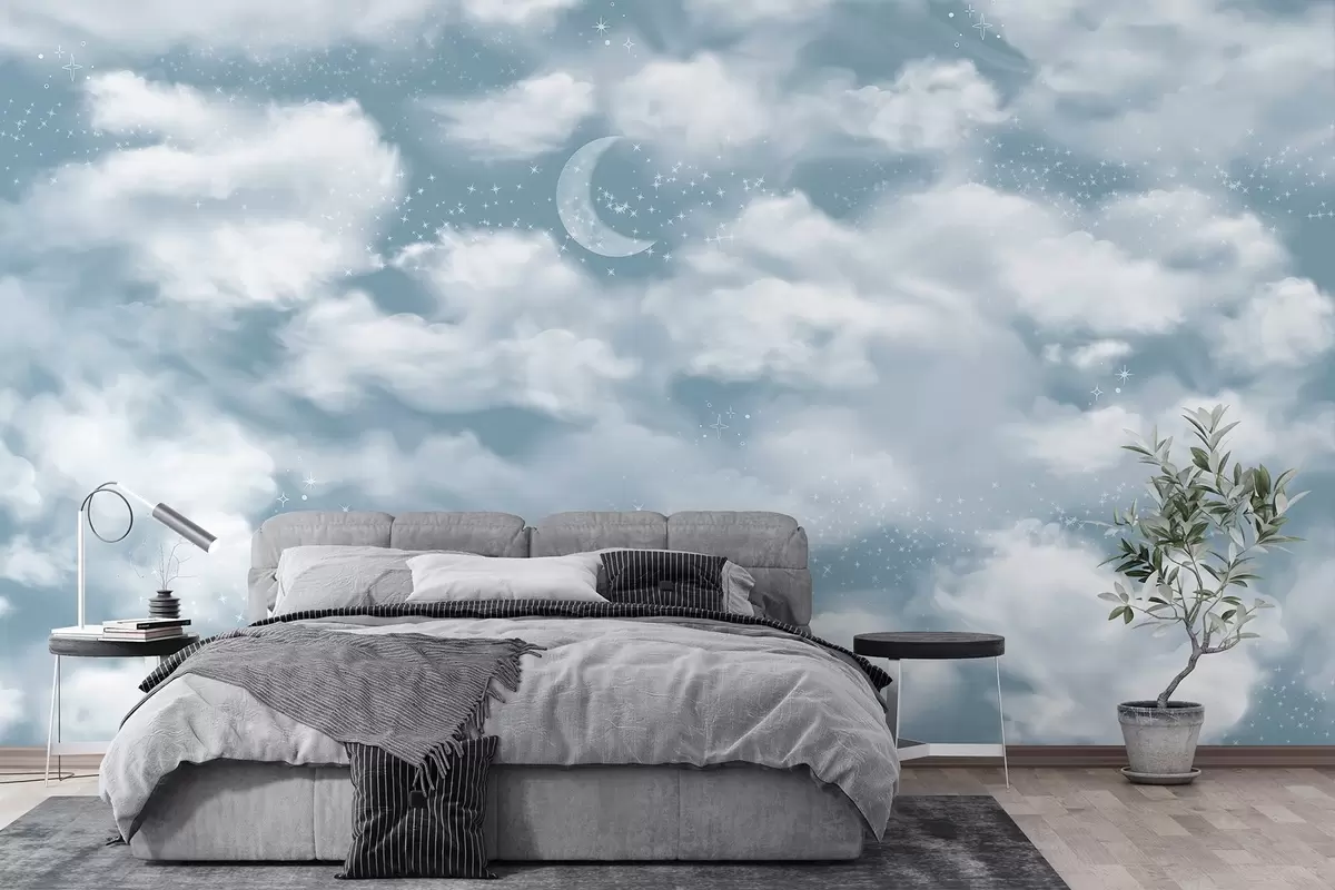 Papier peint Ciel étoilé avec lune et nuages, rêve, éthéré, couleurs bleues douces w02515v1