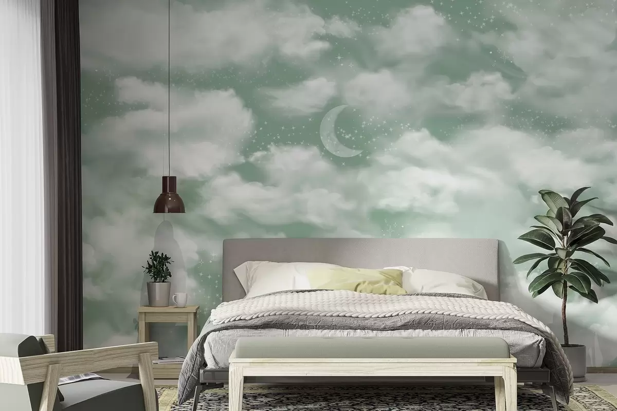 Papier peint Ciel étoilé avec lune et nuages, rêve, éthéré, couleurs vertes douces w02515v2