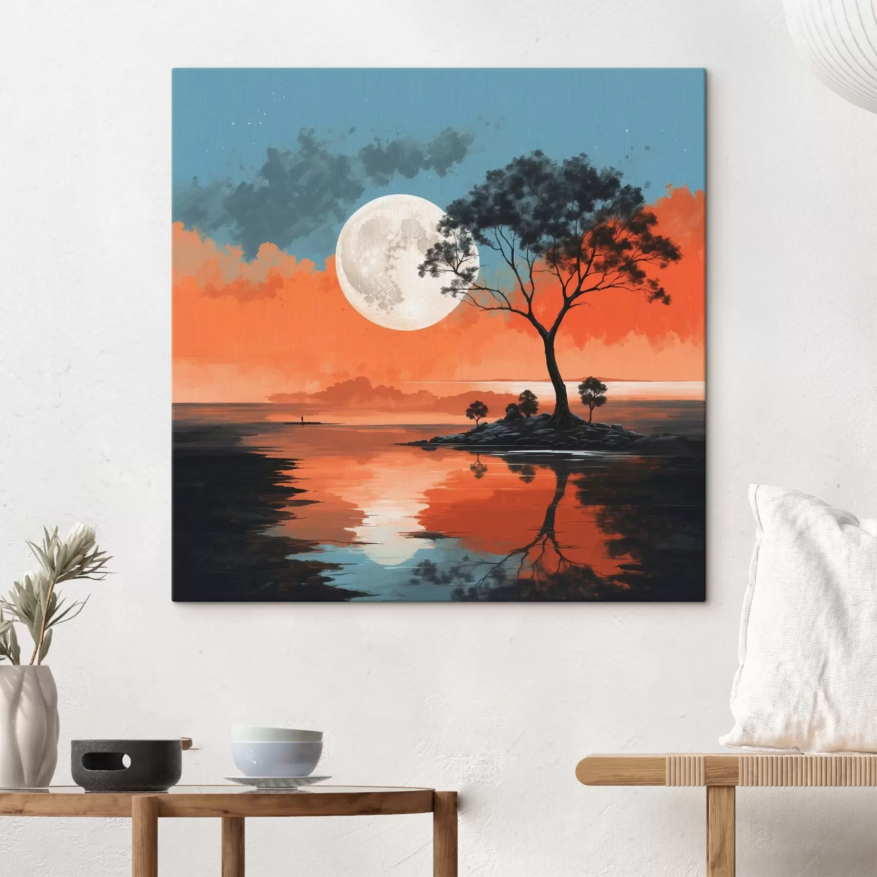 Tableau Arbre au milieu d'un lac sur fond de lune s41775