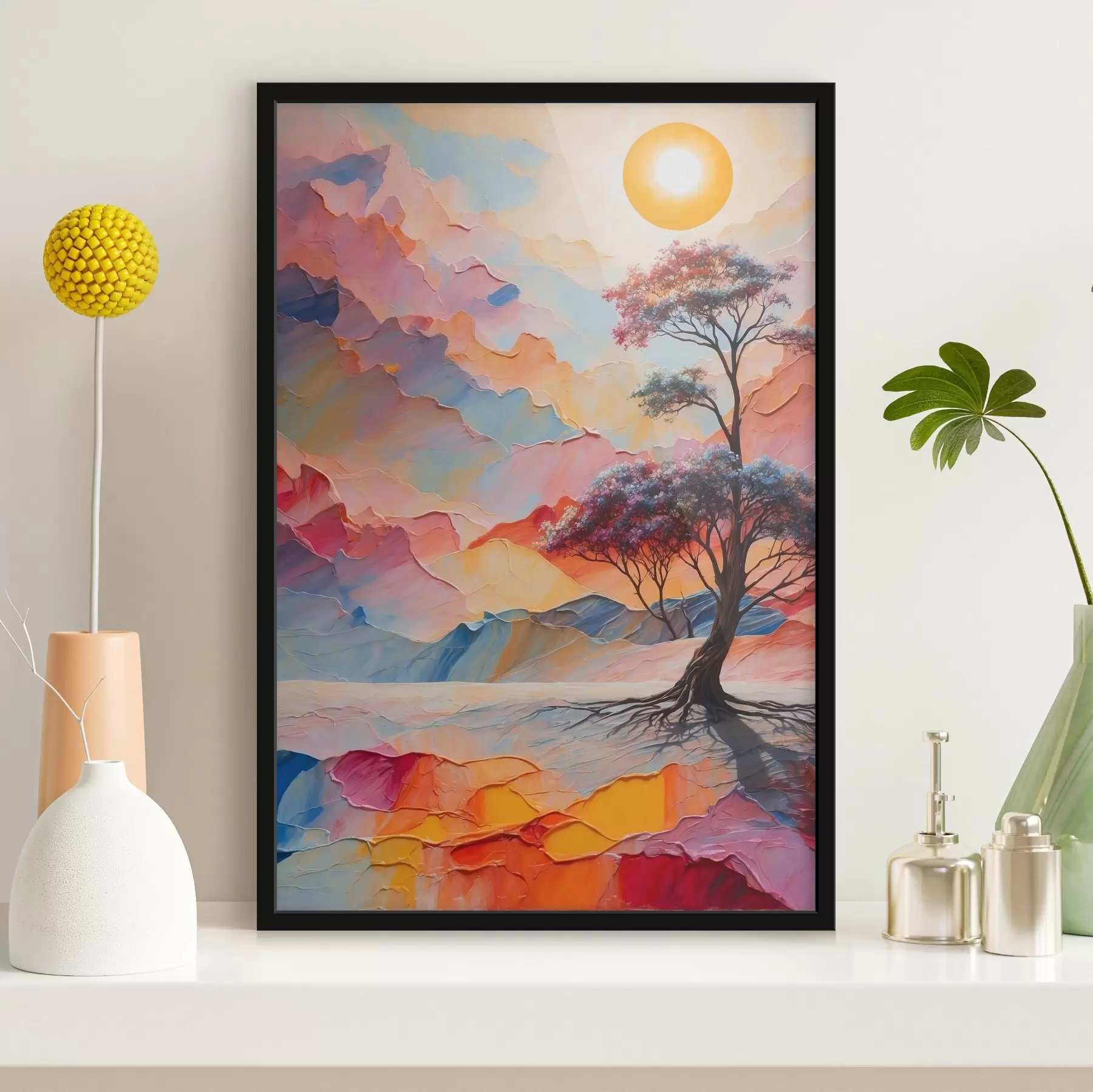 Papier peint Arbre et soleil sur fond abstrait en style acrylique f41771