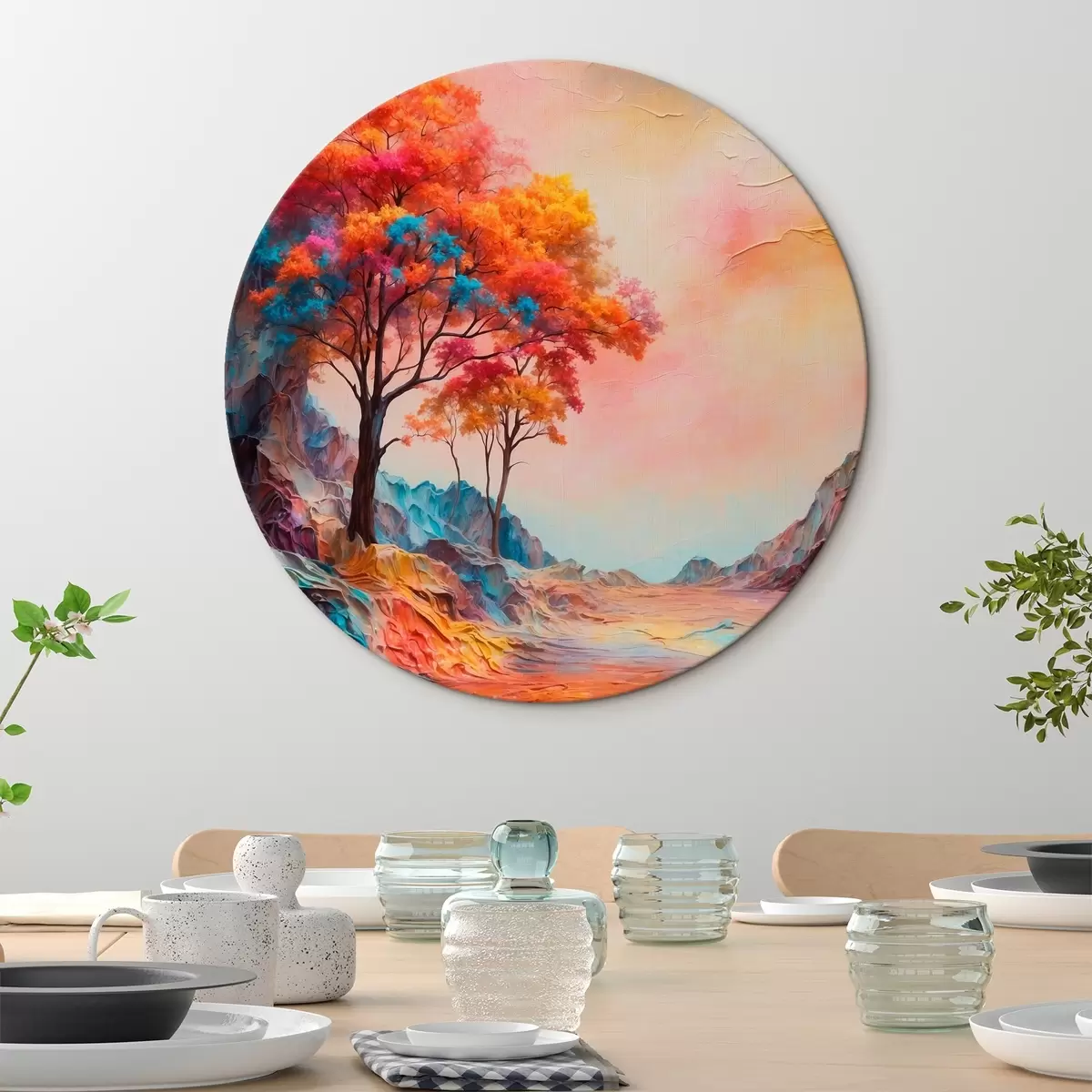 Tableaux rondes Arbres et montagnes abstraites multicolores r41772
