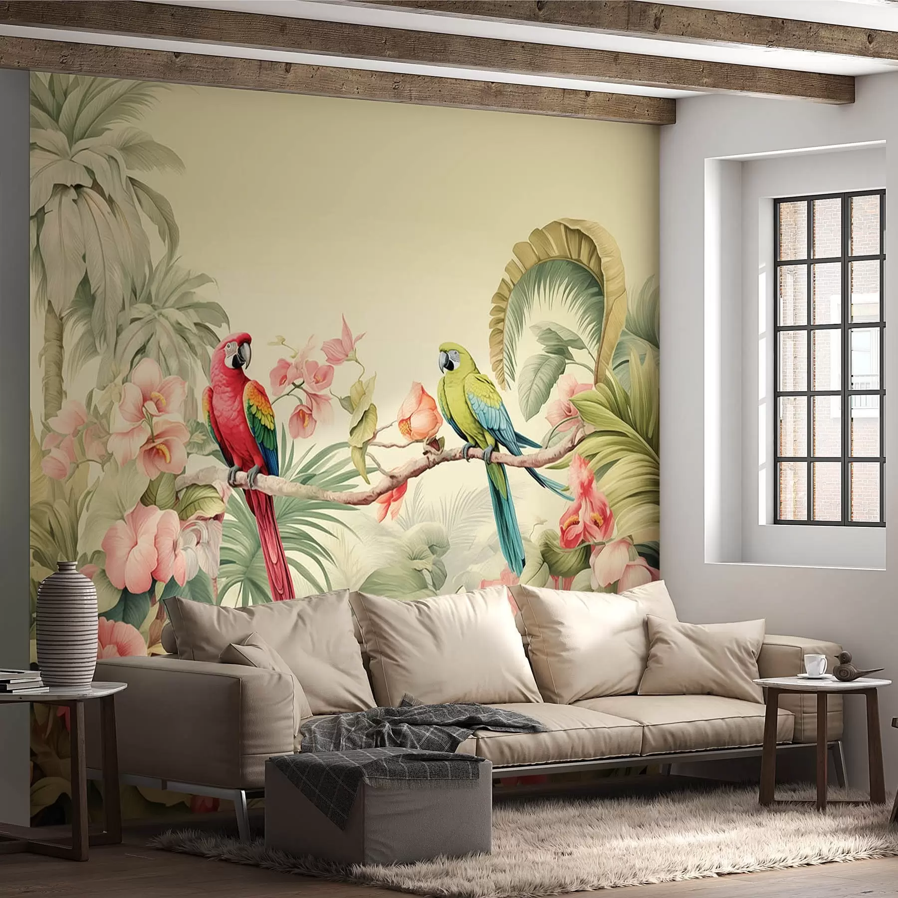 Papier peint Deux perroquets dans des buissons tropicaux w08507