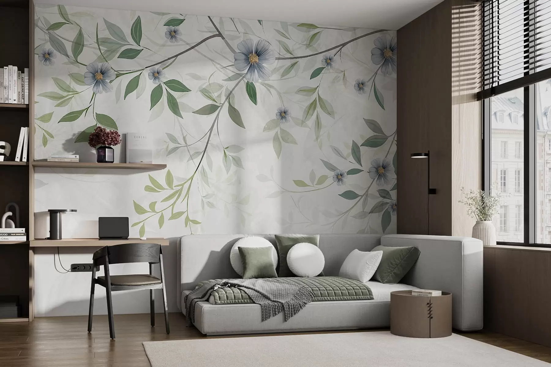 Papier peint Branches avec feuilles vertes et fleurs bleues w00316