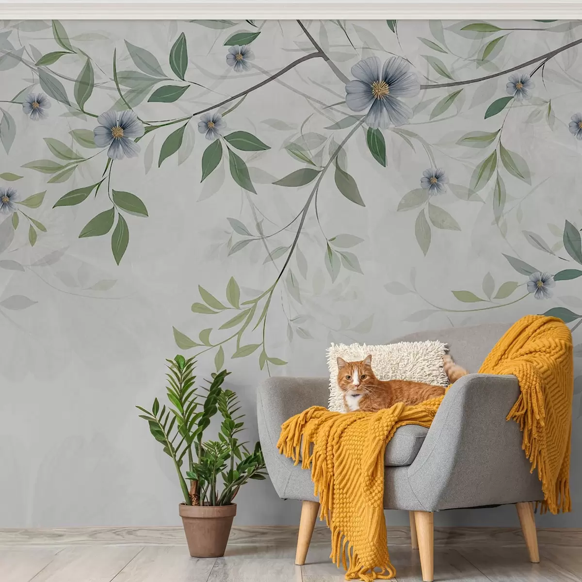 Papier peint Branches avec feuilles vertes et fleurs bleues w00316