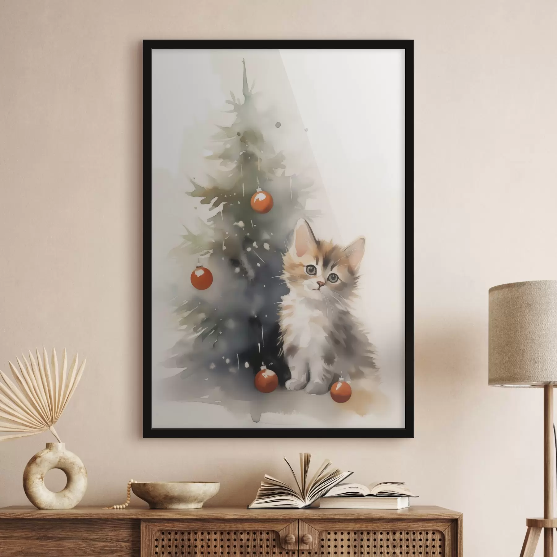 Tableau Chaton près de l'arbre de Noël imitation d'aquarelle humide f42140