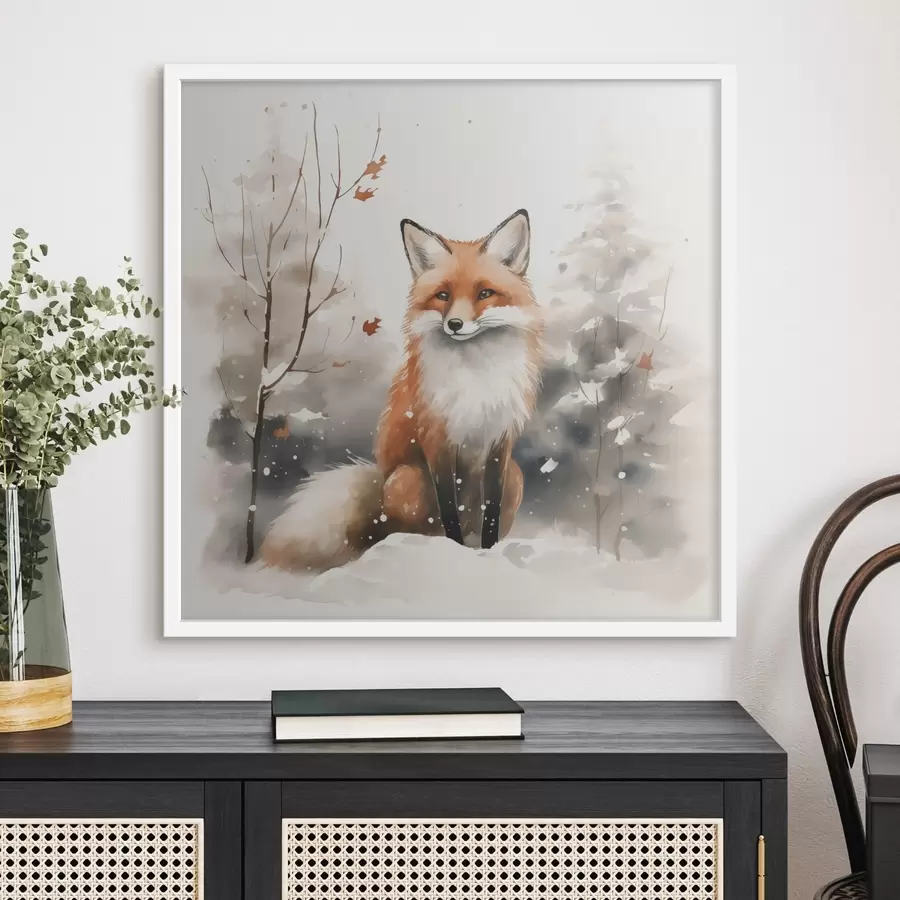 Papier peint Renardeau dans une forêt enneigée imitation aquarelle f42146