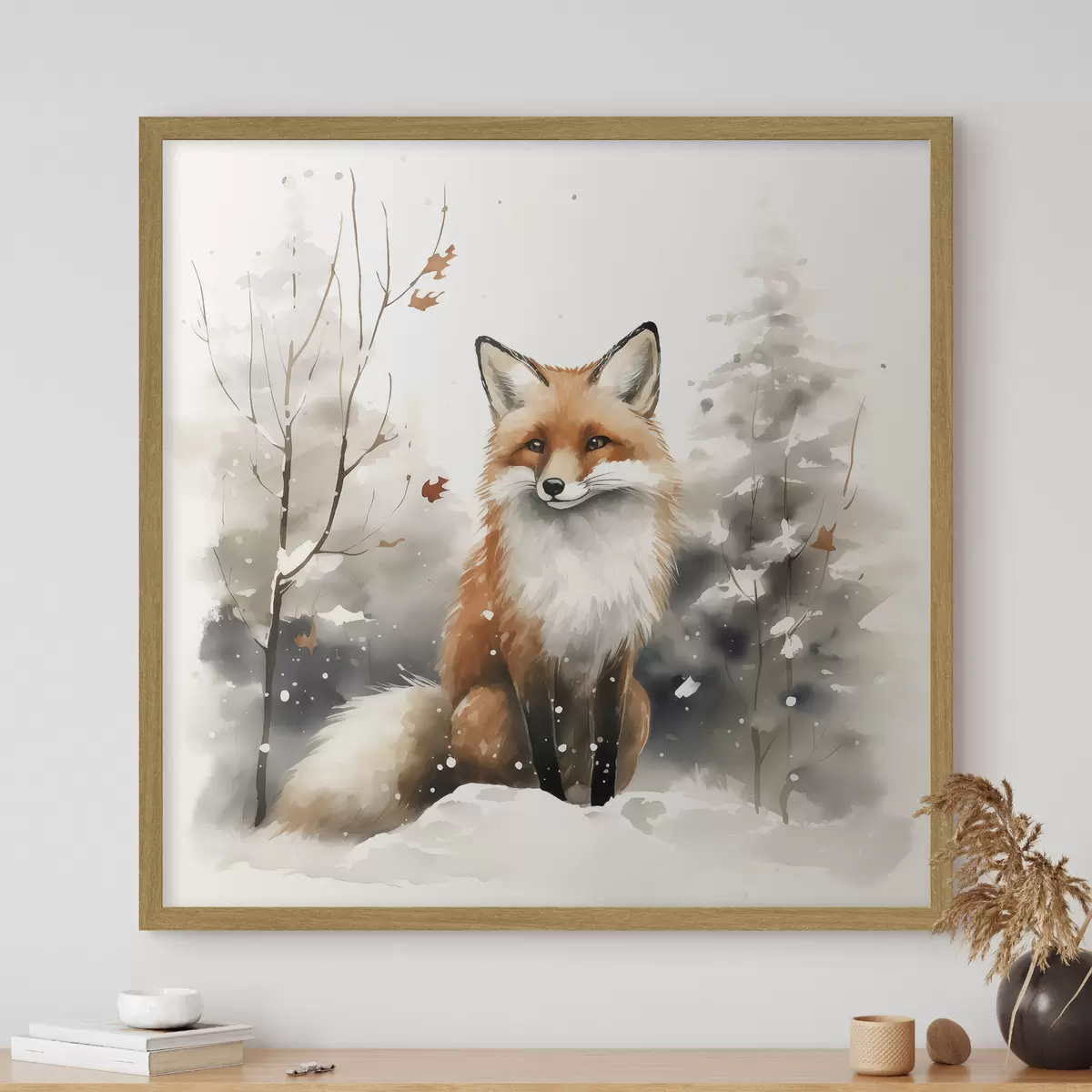 Poster Renardeau dans une forêt enneigée imitation aquarelle f42146