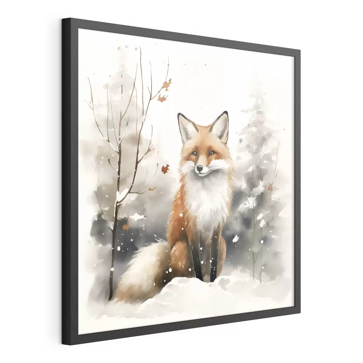 Poster Renardeau dans une forêt enneigée imitation aquarelle f42146