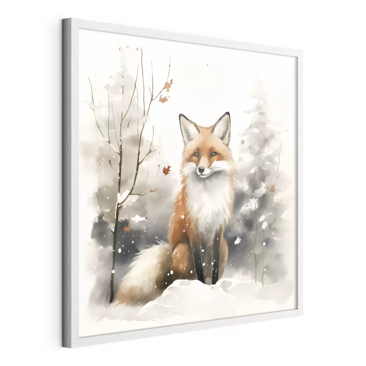 Poster Renardeau dans une forêt enneigée imitation aquarelle f42146