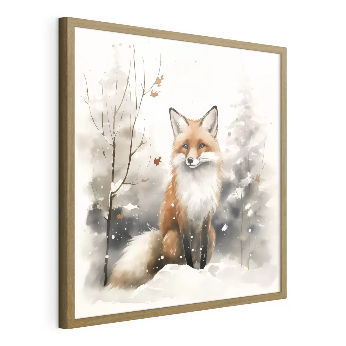 Poster Renardeau dans une forêt enneigée imitation aquarelle f42146