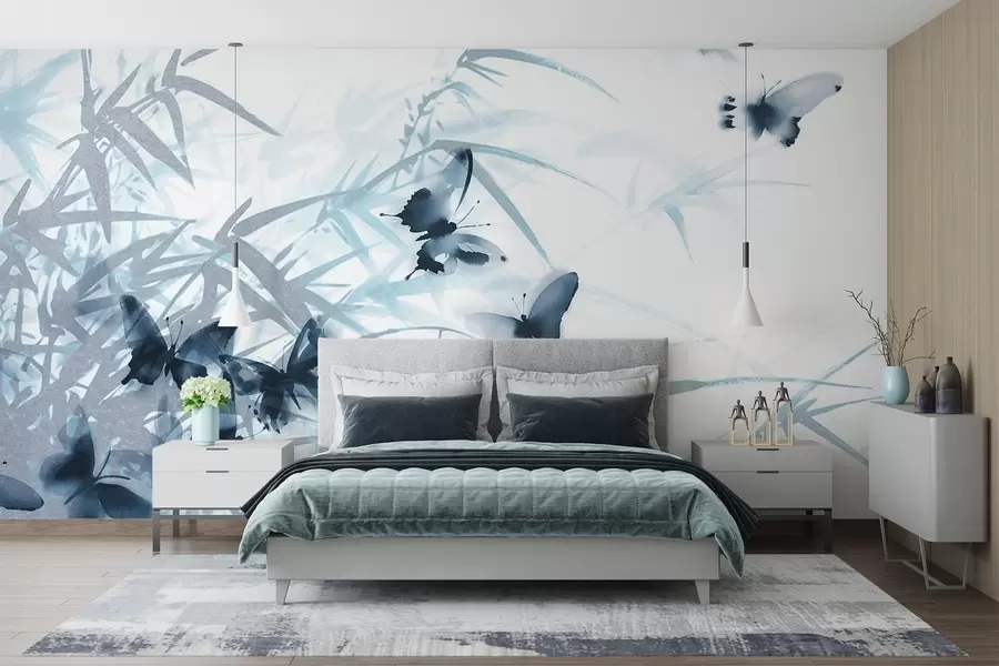 Papier peint Feuilles et tiges de bambou texturées avec des papillons bleus volants aux ailes transparentes w08524