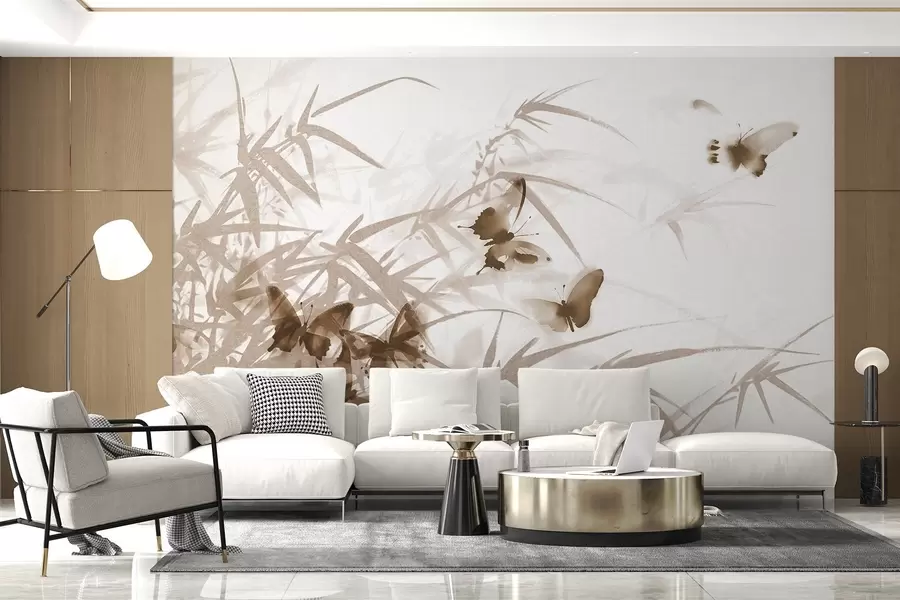 Papier peint Feuilles et tiges de bambou texturées avec des papillons bruns volants aux ailes transparentes w08524v1