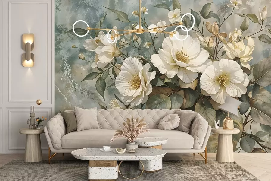 Papier peint Grandes fleurs de pivoine blanches détaillées avec des feuilles vertes sur un fond turquoise doux et texturé w08528