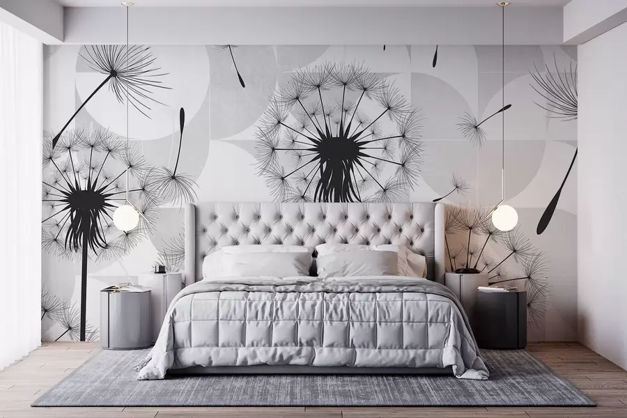 Papier peint Fleurs de pissenlit noires et blanches avec des têtes de graines duveteuses sur un fond texturé blanc et gris clair w08529