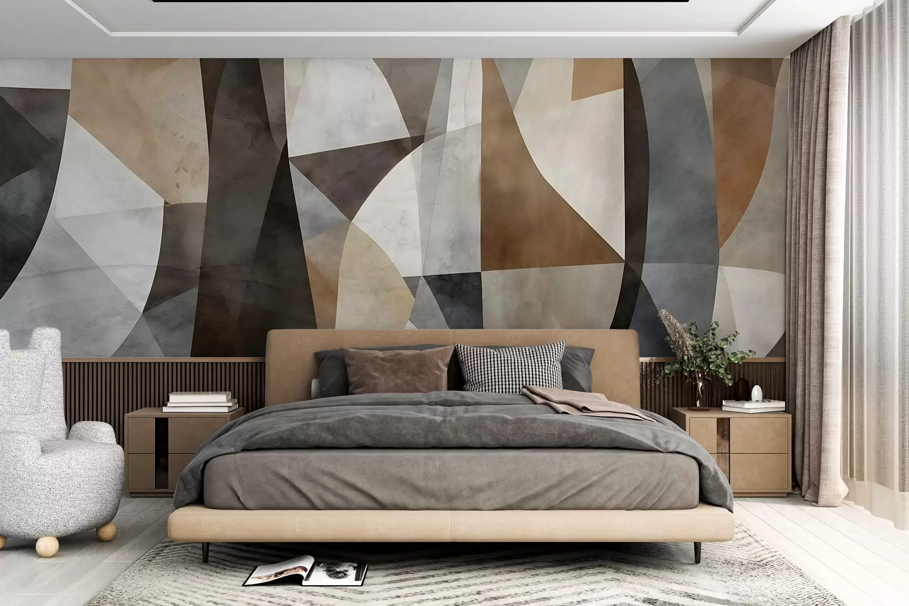 Papier peint Art moderne abstrait : formes géométriques texturées dans les tons de brun, gris et beige w08530
