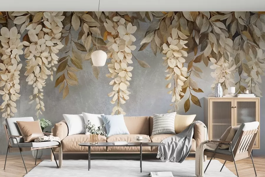 Papier peint Délicates fleurs de glycine blanches et beige clair avec leur feuillage tombant en cascade sur un fond gris doux w08531